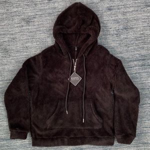 Black Fuzzy Hoodie with Quarter Zip